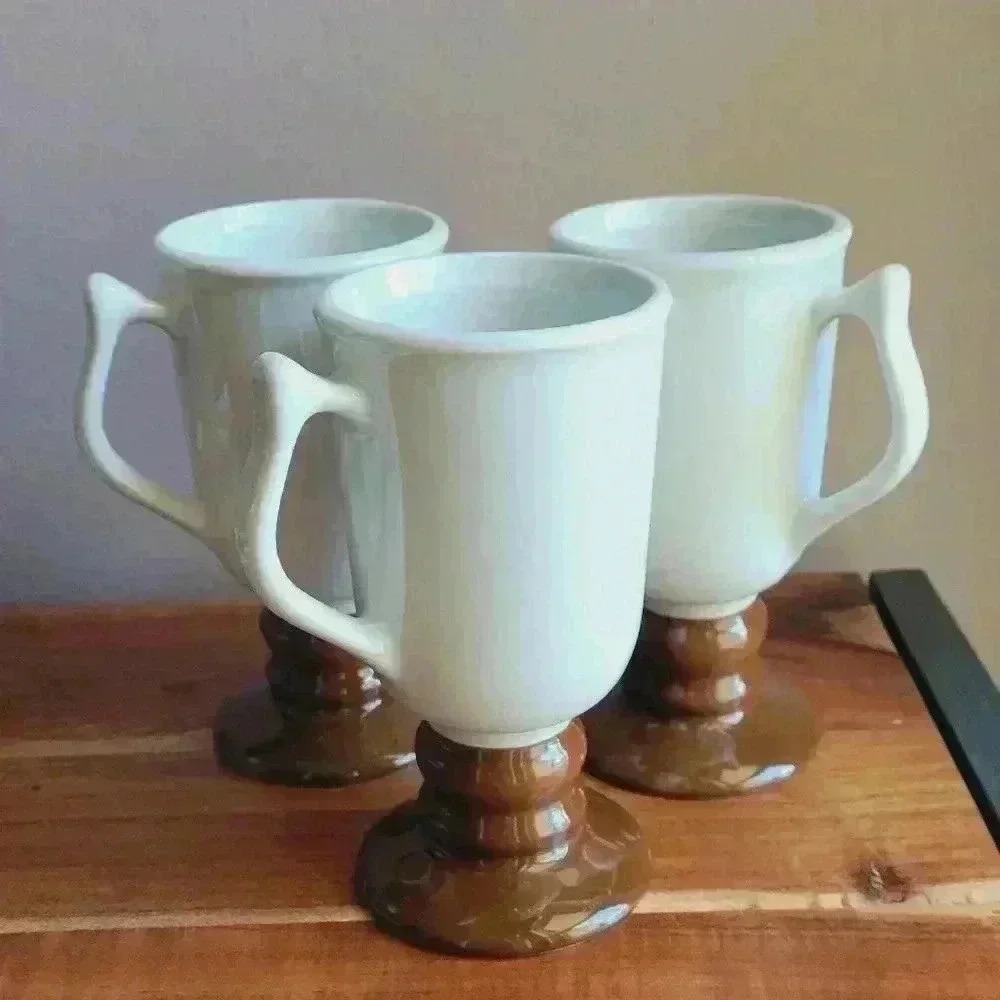 Vintage Set of 3 HALL #1272 Footed Glazed Porcelain Mugs Chestnut and White USA